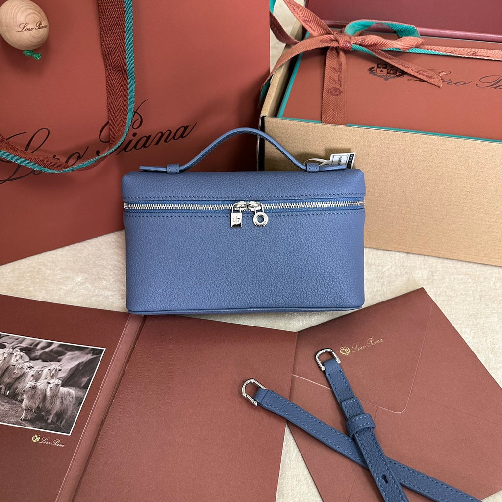 LORO PIANA EXTRA POCKET L19 IN AZURE BLUE CALFSKIN WITH SILVER HARDWARE