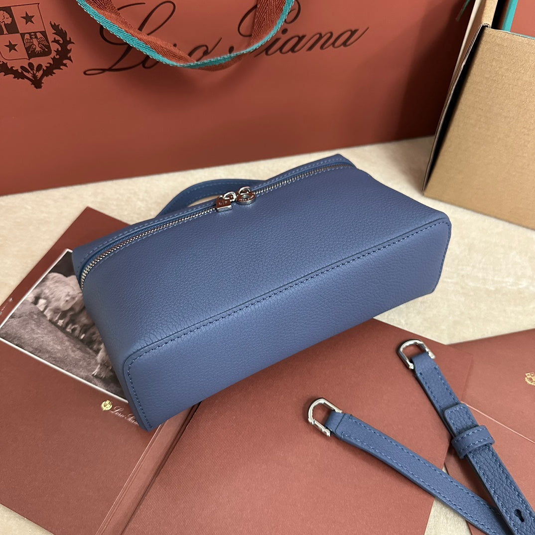 LORO PIANA EXTRA POCKET L19 IN AZURE BLUE CALFSKIN WITH SILVER HARDWARE