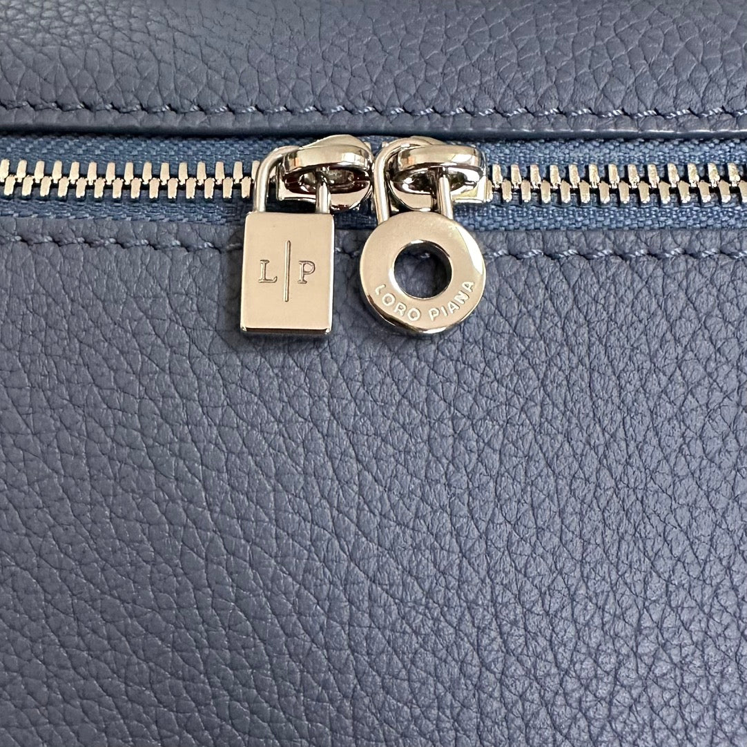 LORO PIANA EXTRA POCKET L19 IN AZURE BLUE CALFSKIN WITH SILVER HARDWARE