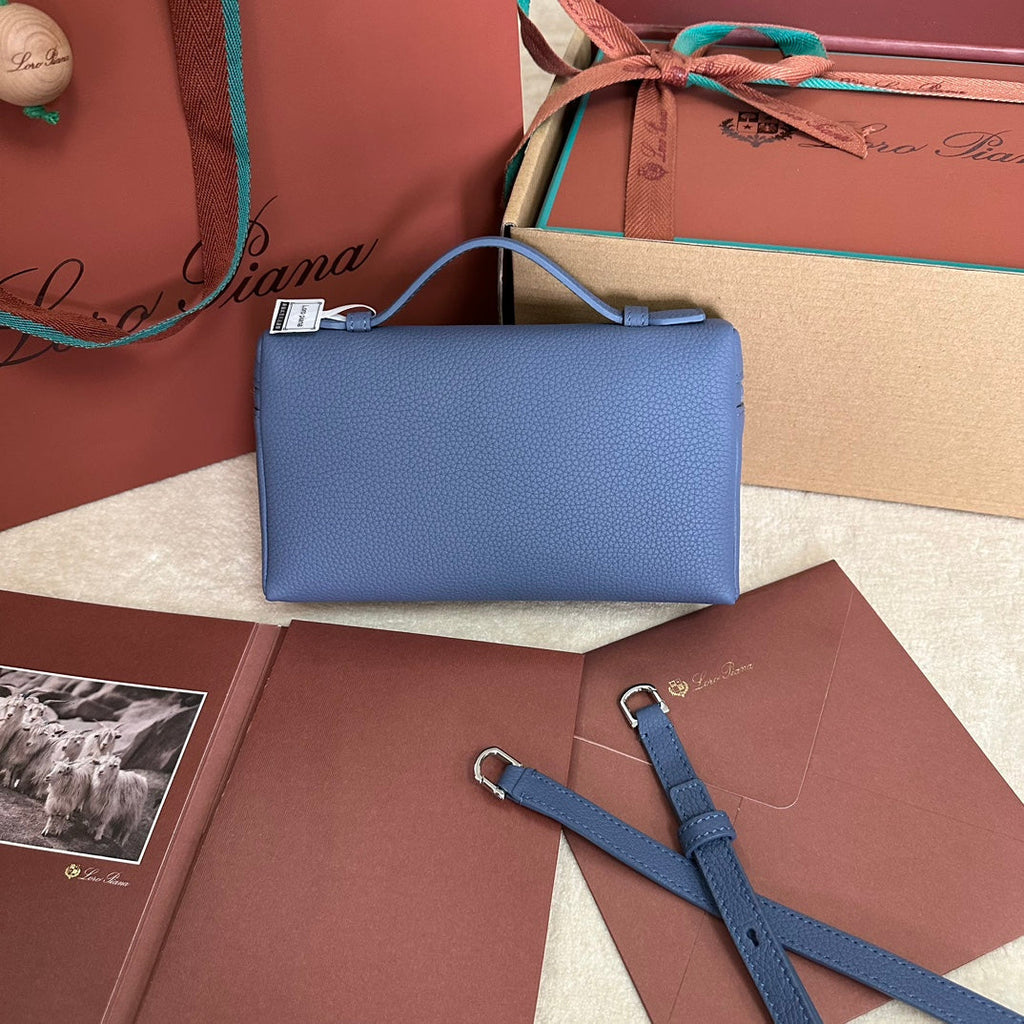 LORO PIANA EXTRA POCKET L19 IN AZURE BLUE CALFSKIN WITH SILVER HARDWARE