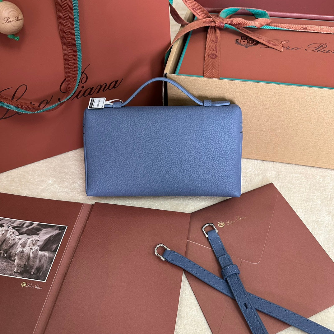 LORO PIANA EXTRA POCKET L19 IN AZURE BLUE CALFSKIN WITH SILVER HARDWARE