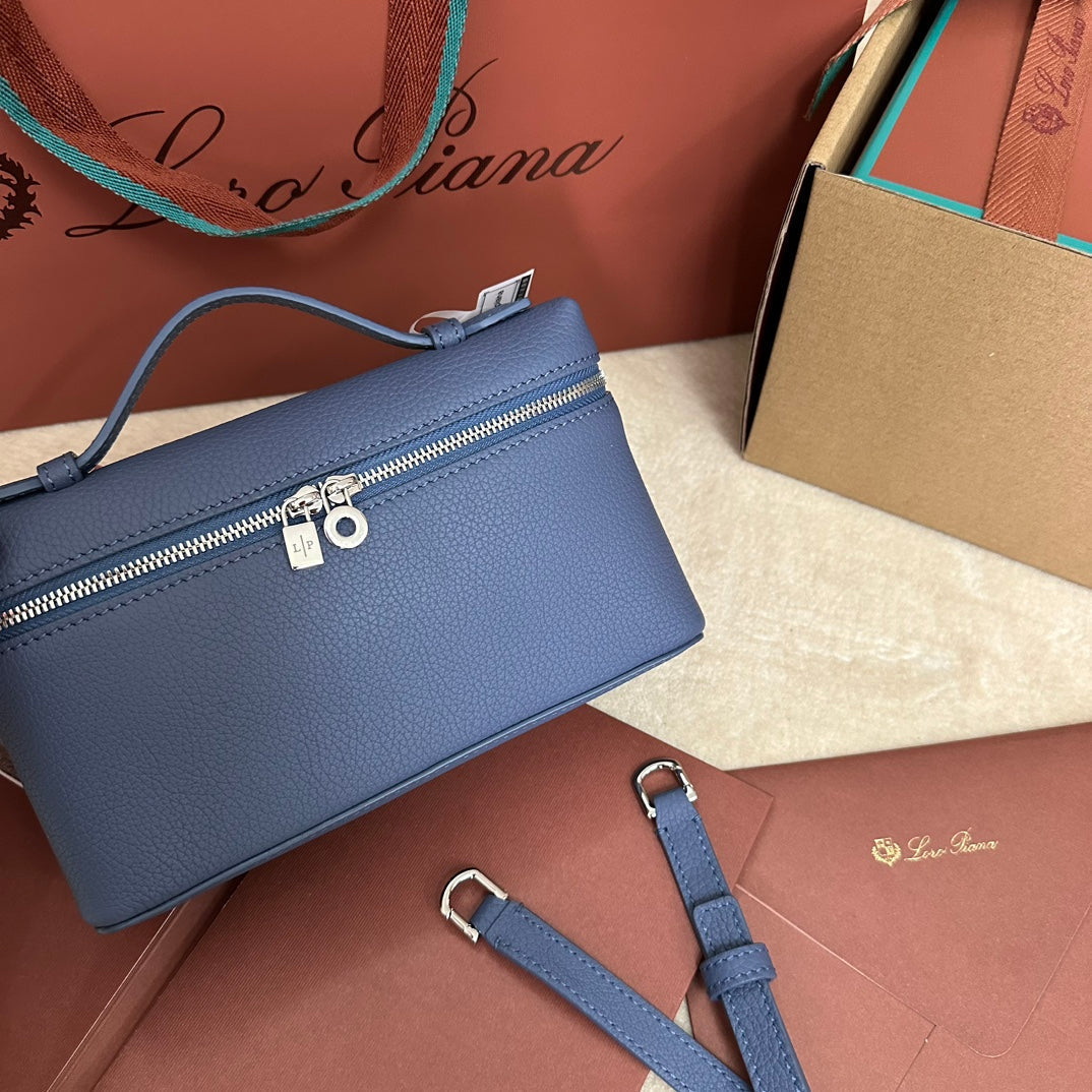 LORO PIANA EXTRA POCKET L19 IN AZURE BLUE CALFSKIN WITH SILVER HARDWARE