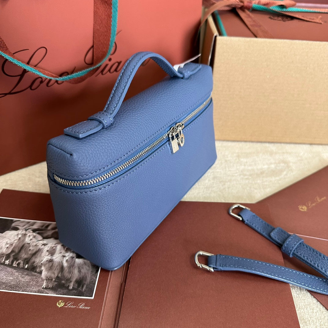 LORO PIANA EXTRA POCKET L19 IN AZURE BLUE CALFSKIN WITH SILVER HARDWARE