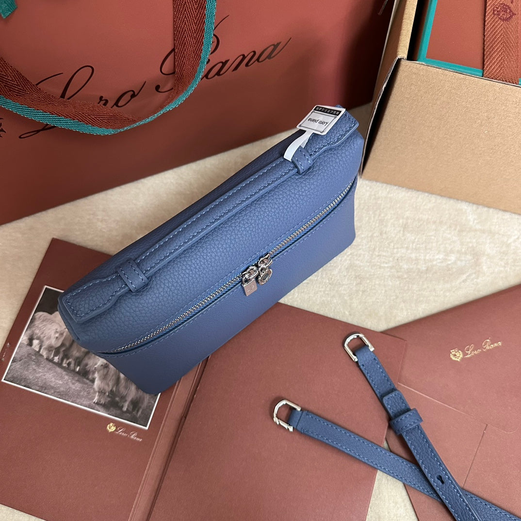 LORO PIANA EXTRA POCKET L19 IN AZURE BLUE CALFSKIN WITH SILVER HARDWARE