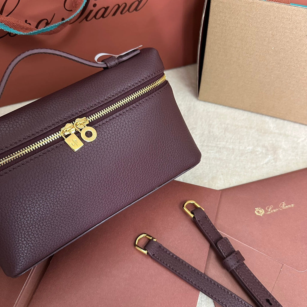 LORO PIANA EXTRA POCKET L19 IN WINE PURPLE CALFSKIN WITH GOLD HARDWARE