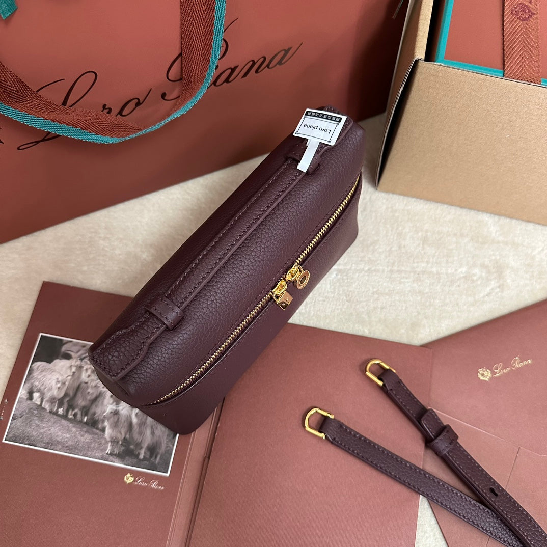 LORO PIANA EXTRA POCKET L19 IN WINE PURPLE CALFSKIN WITH GOLD HARDWARE