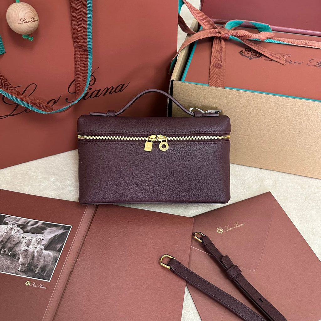 LORO PIANA EXTRA POCKET L19 IN WINE PURPLE CALFSKIN WITH GOLD HARDWARE