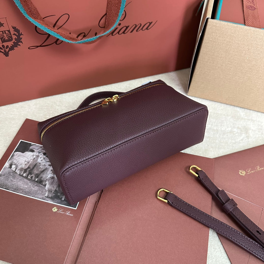 LORO PIANA EXTRA POCKET L19 IN WINE PURPLE CALFSKIN WITH GOLD HARDWARE