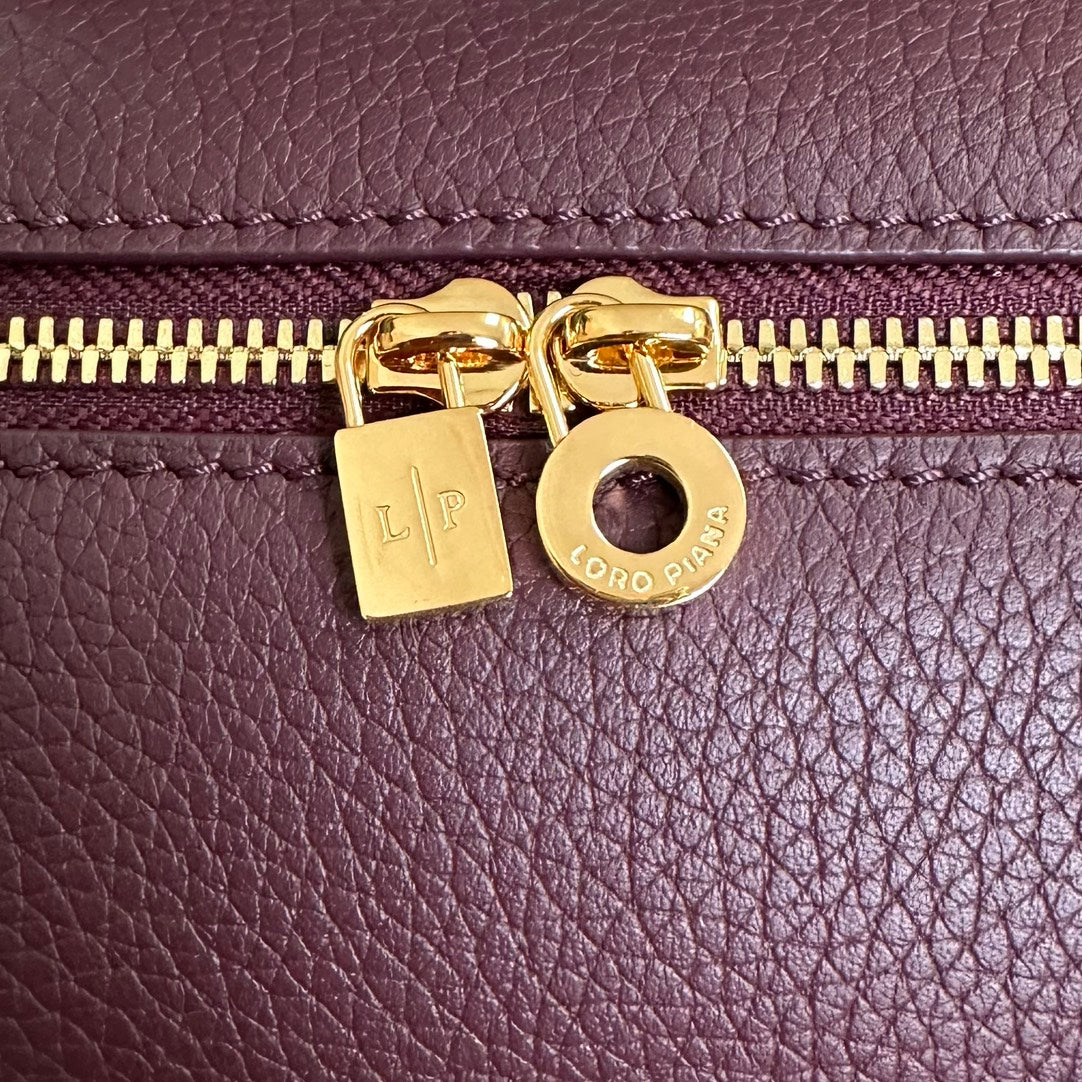 LORO PIANA EXTRA POCKET L19 IN WINE PURPLE CALFSKIN WITH GOLD HARDWARE