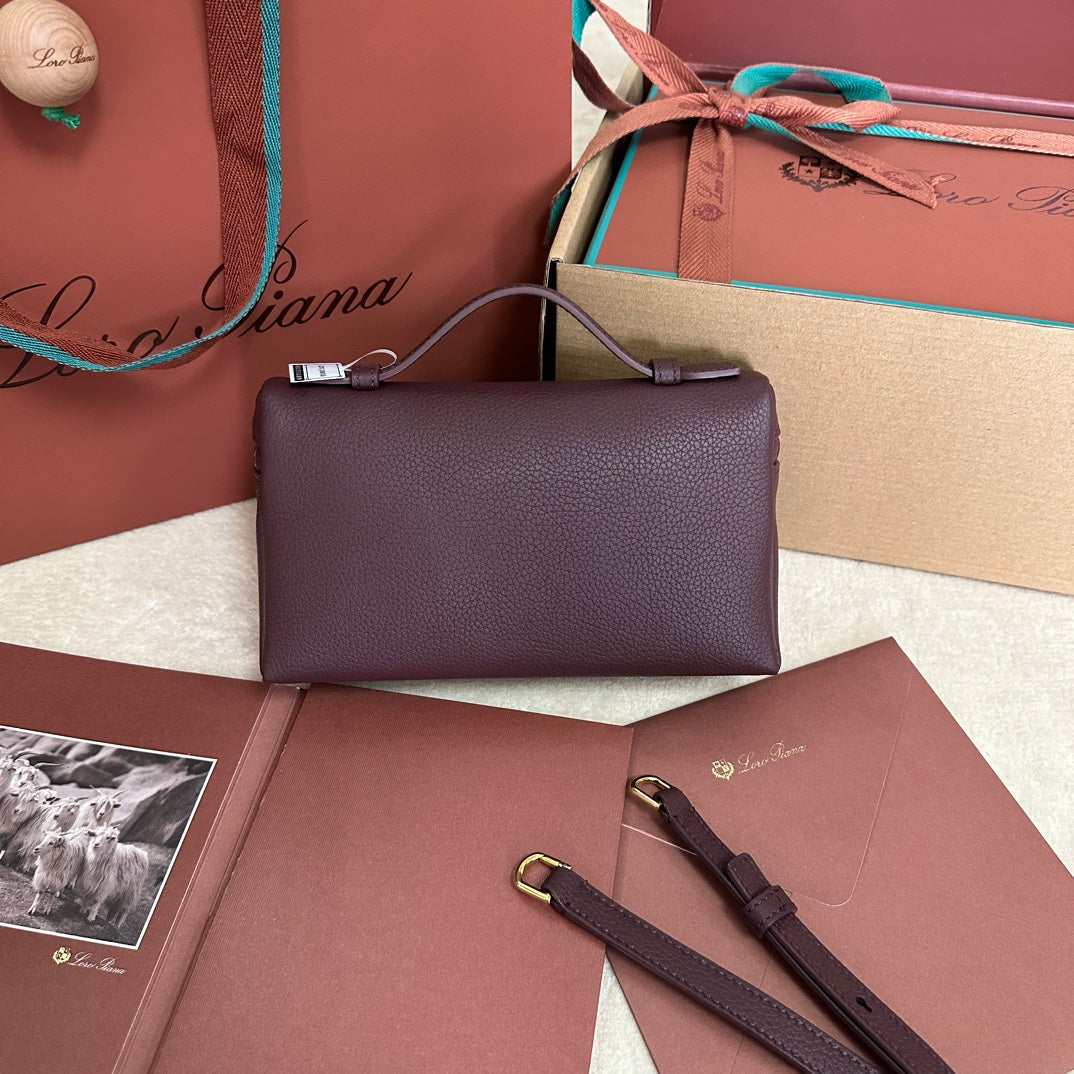 LORO PIANA EXTRA POCKET L19 IN WINE PURPLE CALFSKIN WITH GOLD HARDWARE