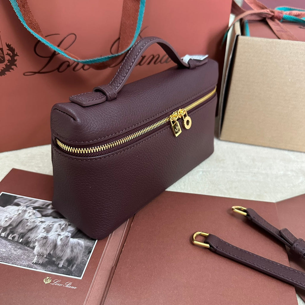 LORO PIANA EXTRA POCKET L19 IN WINE PURPLE CALFSKIN WITH GOLD HARDWARE