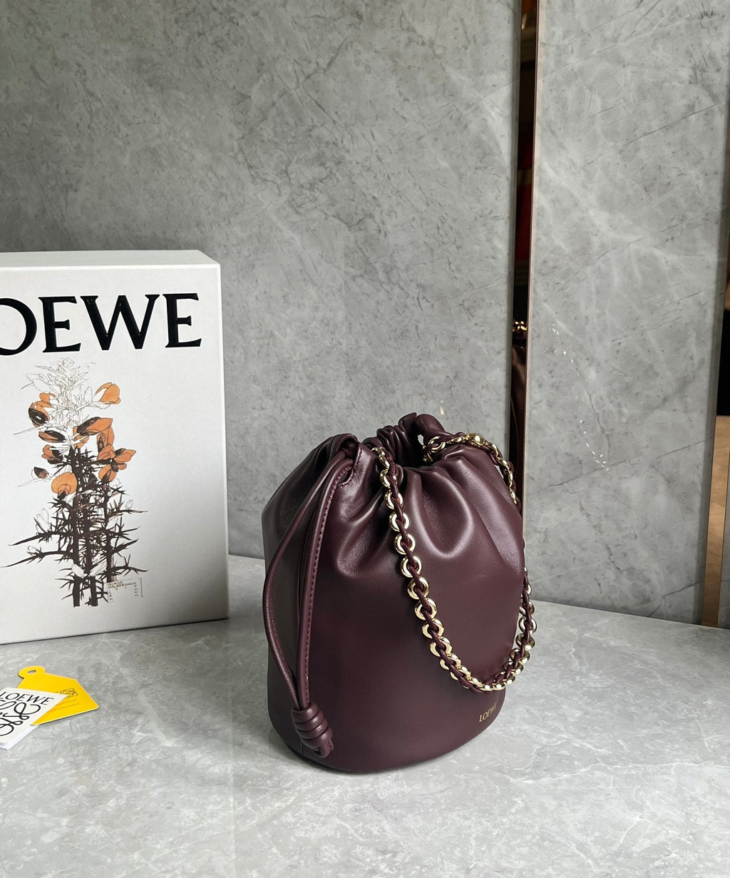 LOEWE LOE 32 FLAMENCO PURSE BUCKET IN DARK BURGUNDY MELLOW NAPPA LAMBSKIN