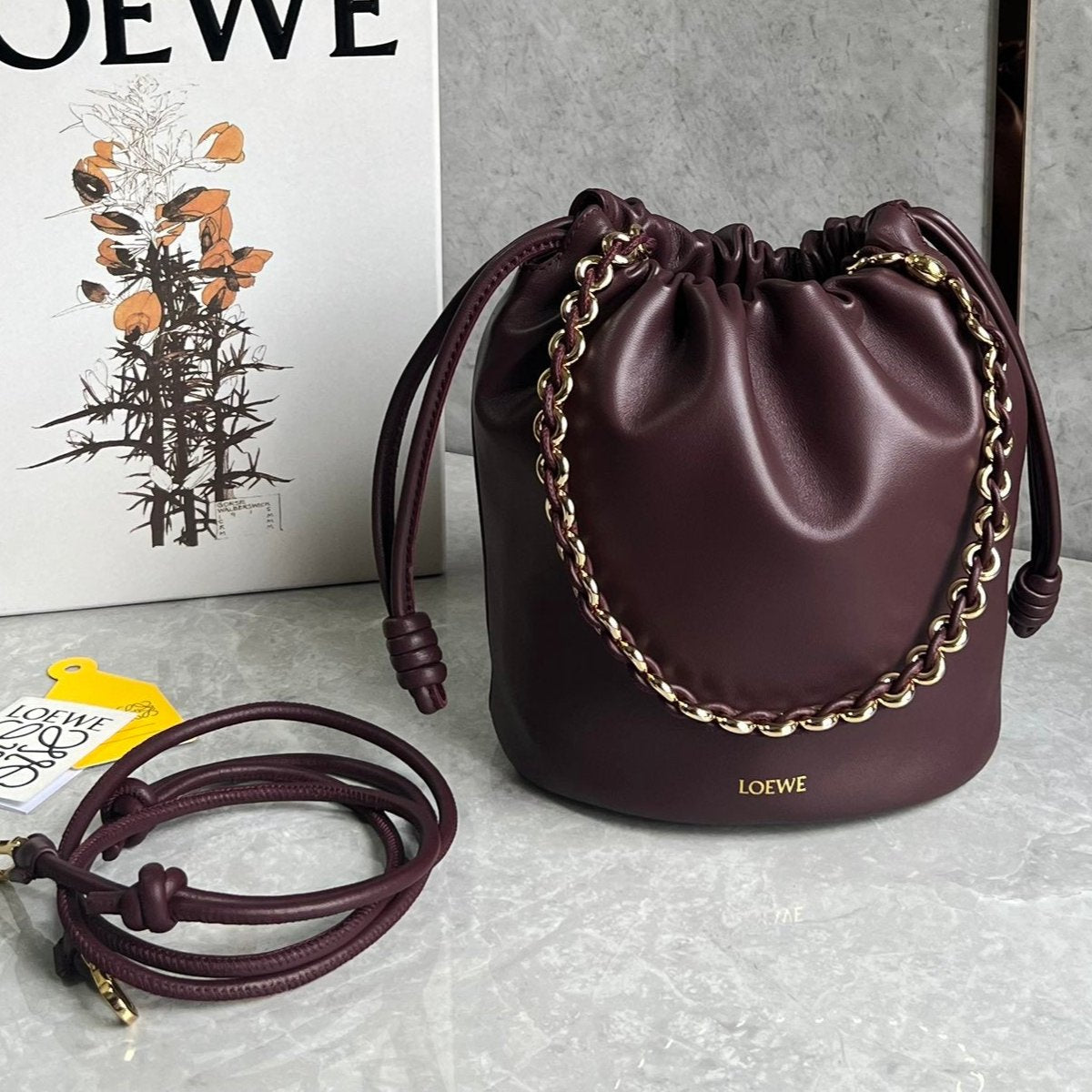 LOEWE LOE 32 FLAMENCO PURSE BUCKET IN DARK BURGUNDY MELLOW NAPPA LAMBSKIN