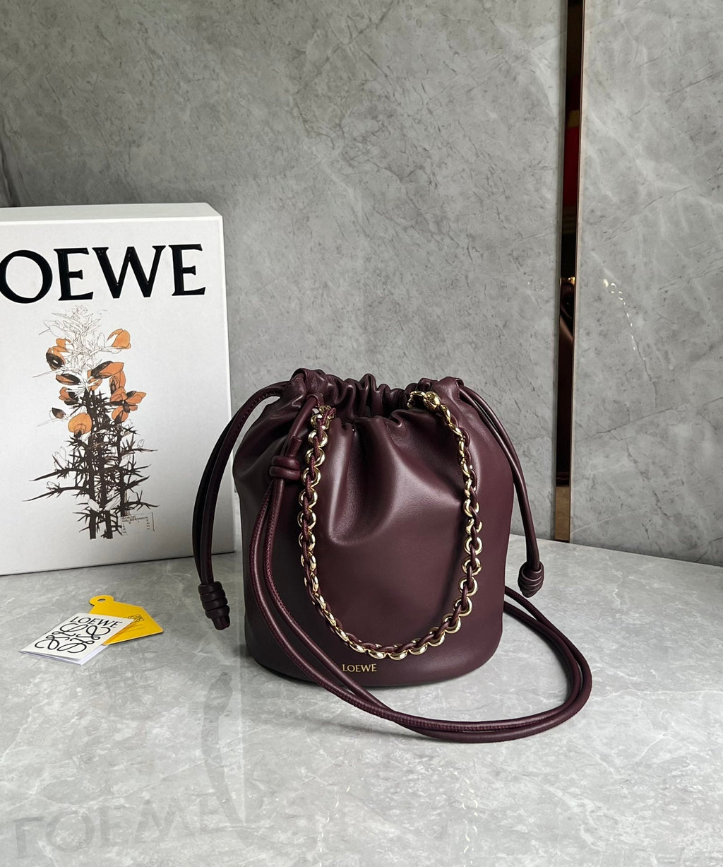 LOEWE LOE 32 FLAMENCO PURSE BUCKET IN DARK BURGUNDY MELLOW NAPPA LAMBSKIN