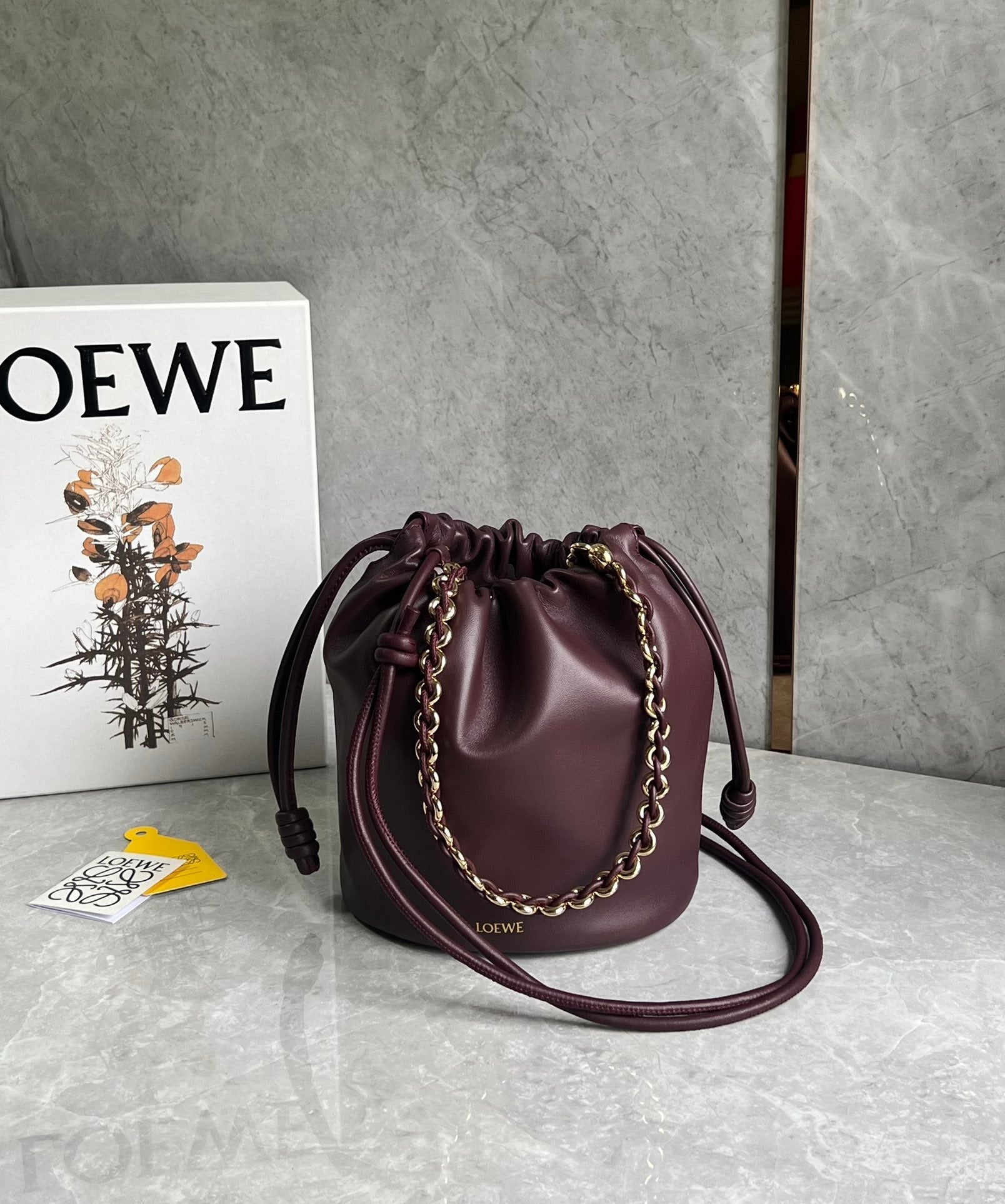 LOEWE LOE 32 FLAMENCO PURSE BUCKET IN DARK BURGUNDY MELLOW NAPPA LAMBSKIN