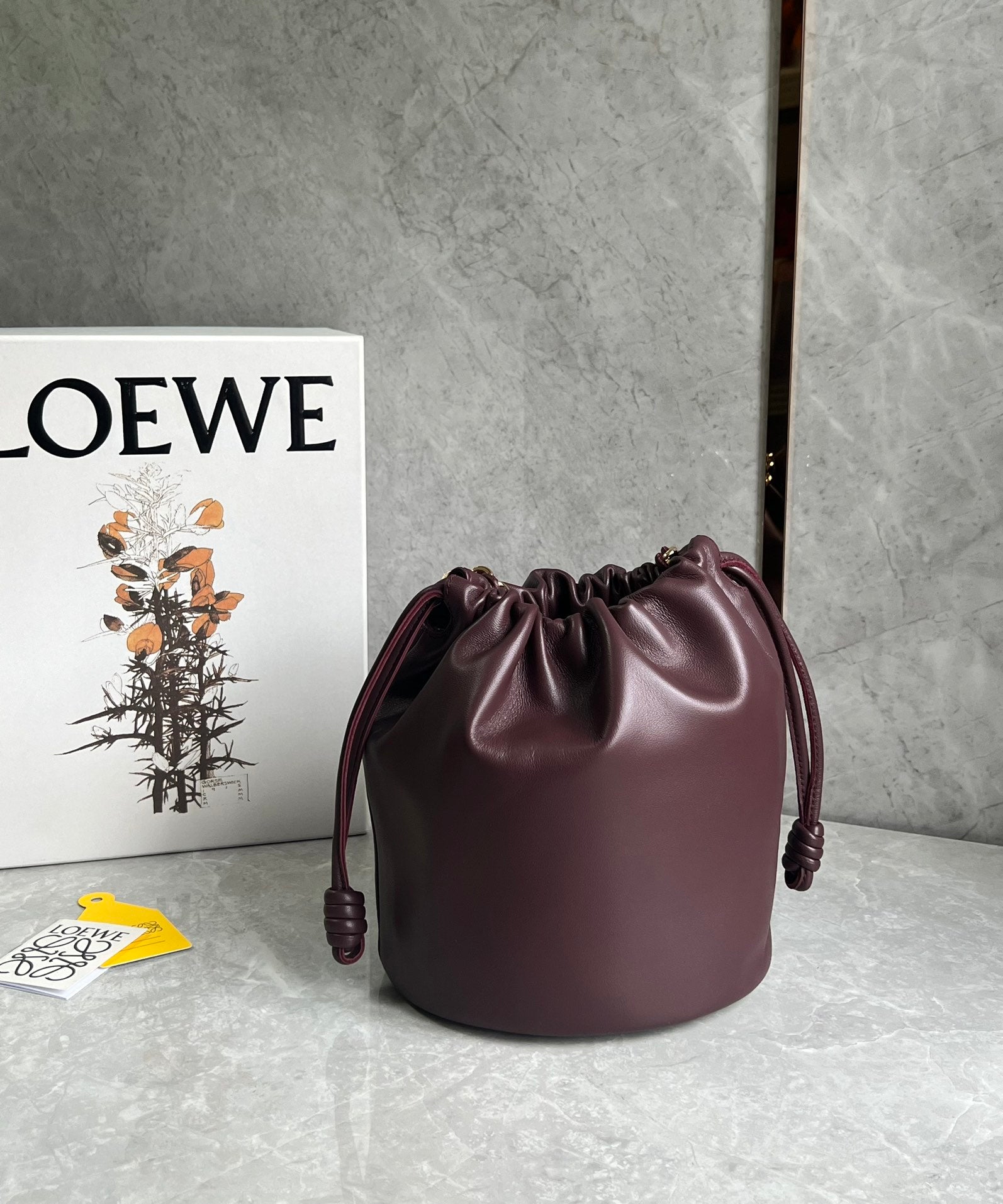 LOEWE LOE 32 FLAMENCO PURSE BUCKET IN DARK BURGUNDY MELLOW NAPPA LAMBSKIN