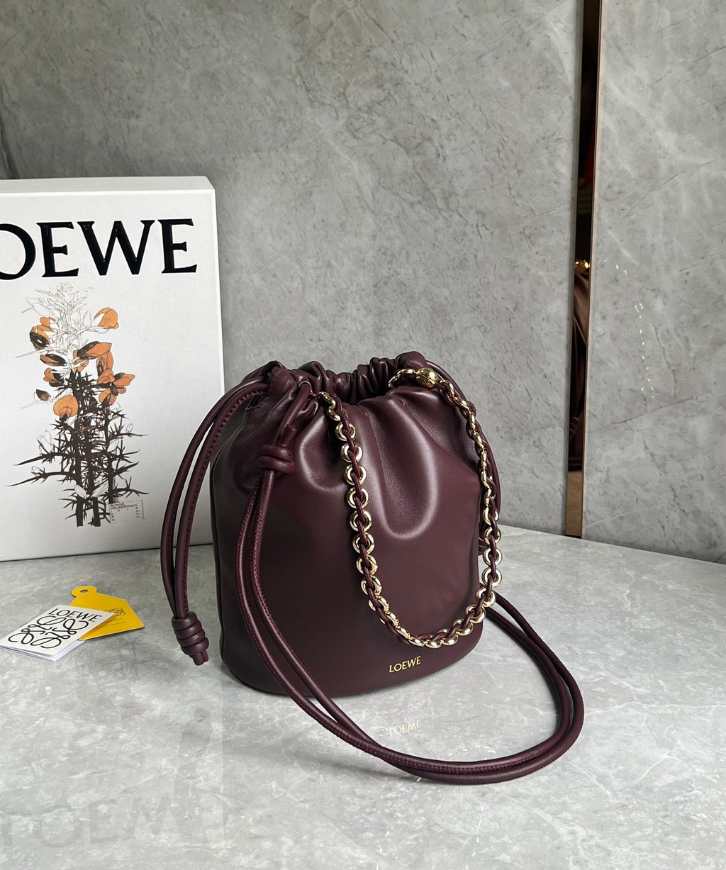 LOEWE LOE 32 FLAMENCO PURSE BUCKET IN DARK BURGUNDY MELLOW NAPPA LAMBSKIN