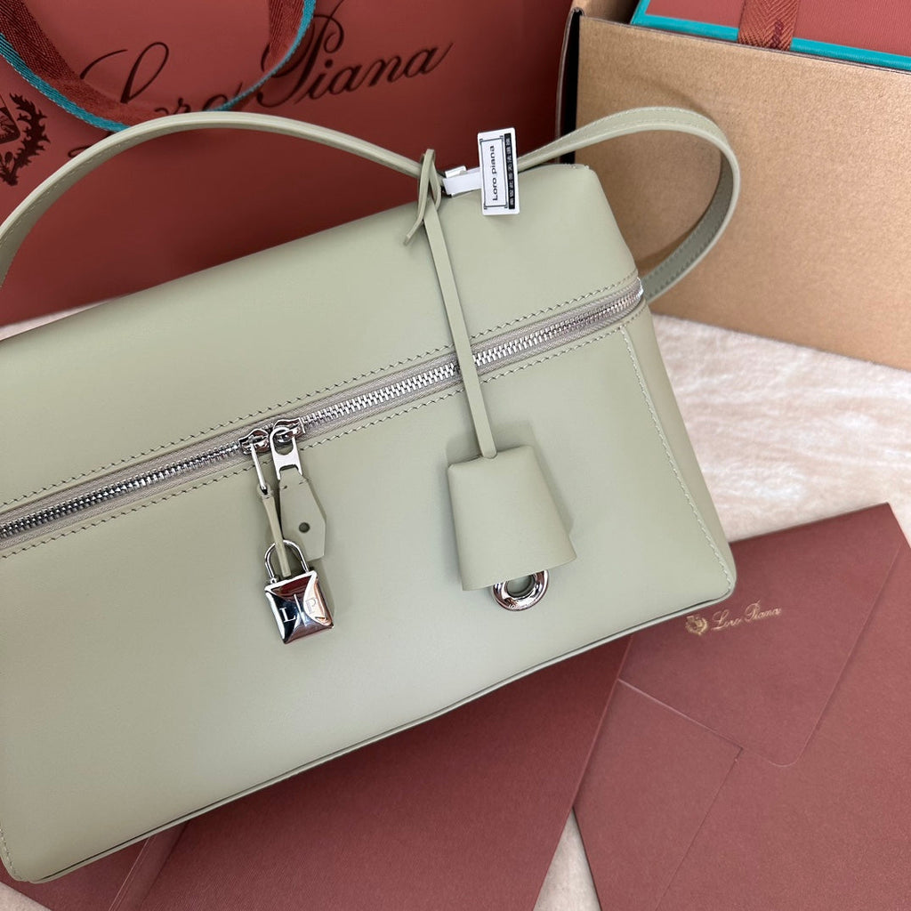 LORO PIANA EXTRA BAG L27 IN PASTEL GREEN SMOOTH CALFSKIN WITH SILVER HARDWARE