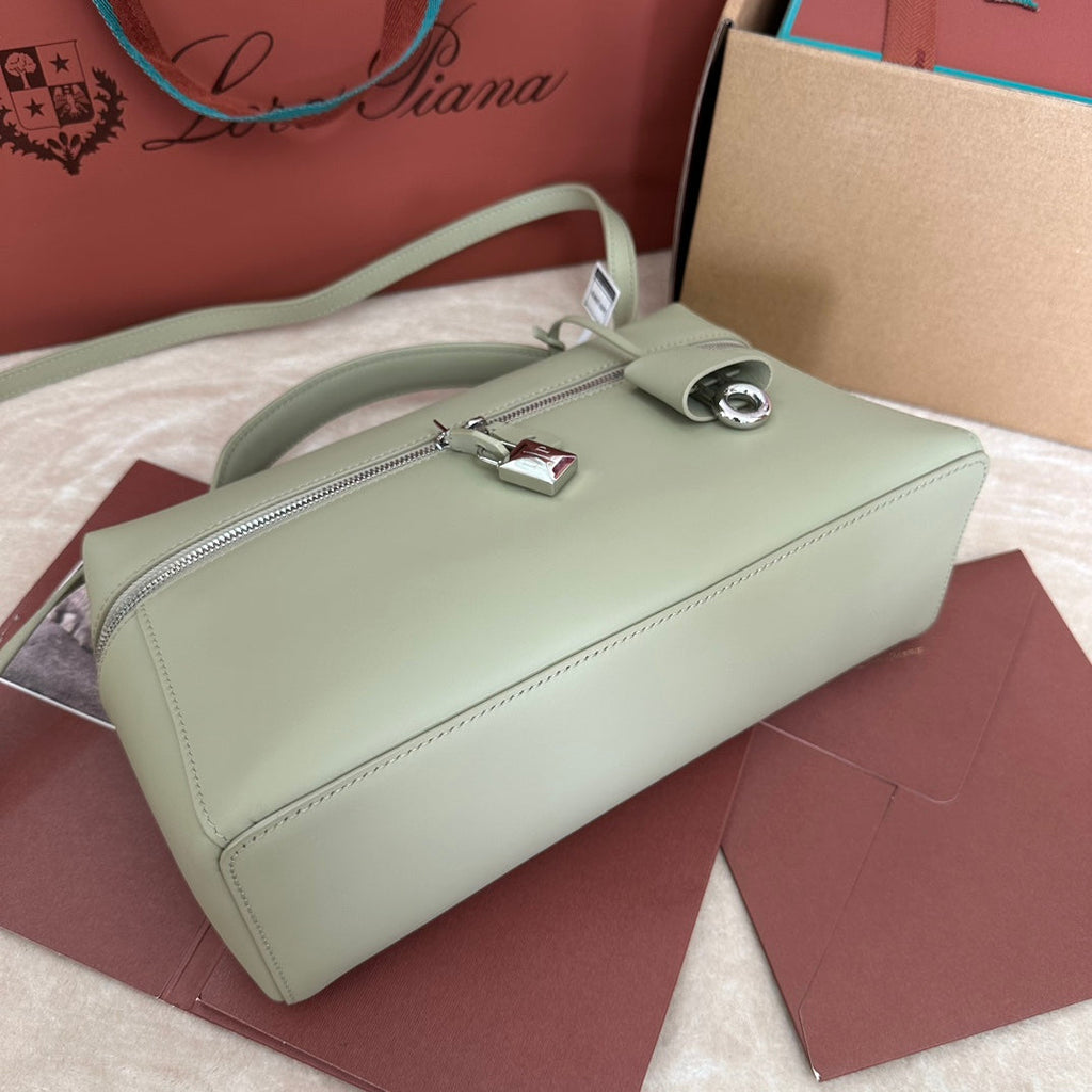 LORO PIANA EXTRA BAG L27 IN PASTEL GREEN SMOOTH CALFSKIN WITH SILVER HARDWARE