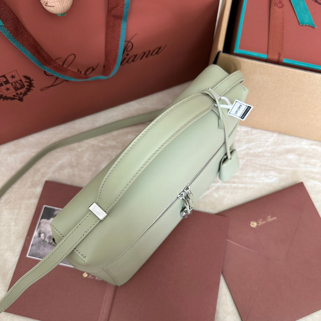 LORO PIANA EXTRA BAG L27 IN PASTEL GREEN SMOOTH CALFSKIN WITH SILVER HARDWARE