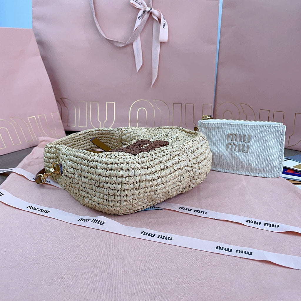 MIU MIU WANDER HOBO BAG 20 IN BEIGE MIX BROWN WOVEN RAFFIA