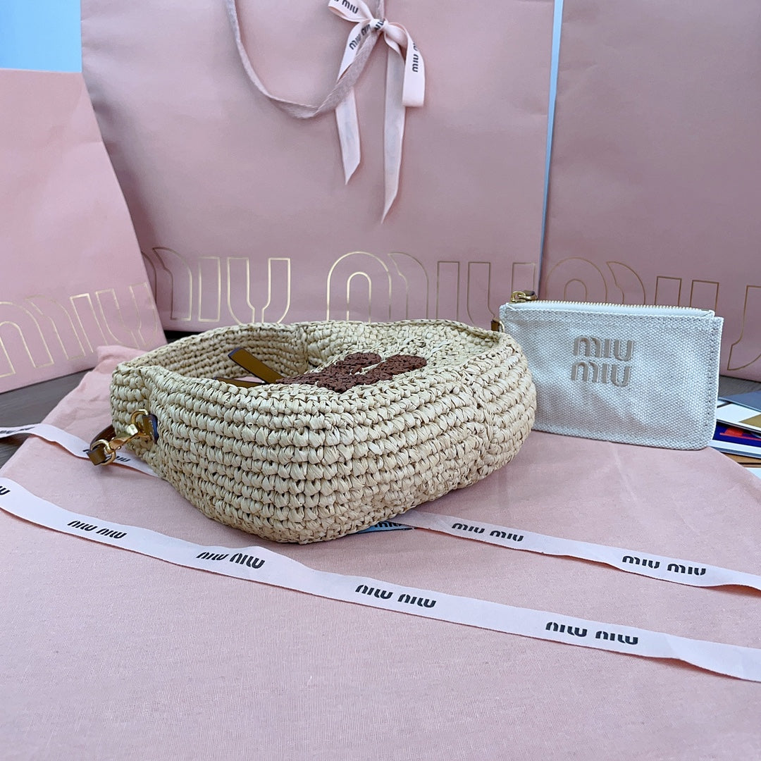 MIU MIU WANDER HOBO BAG 20 IN BEIGE MIX BROWN WOVEN RAFFIA