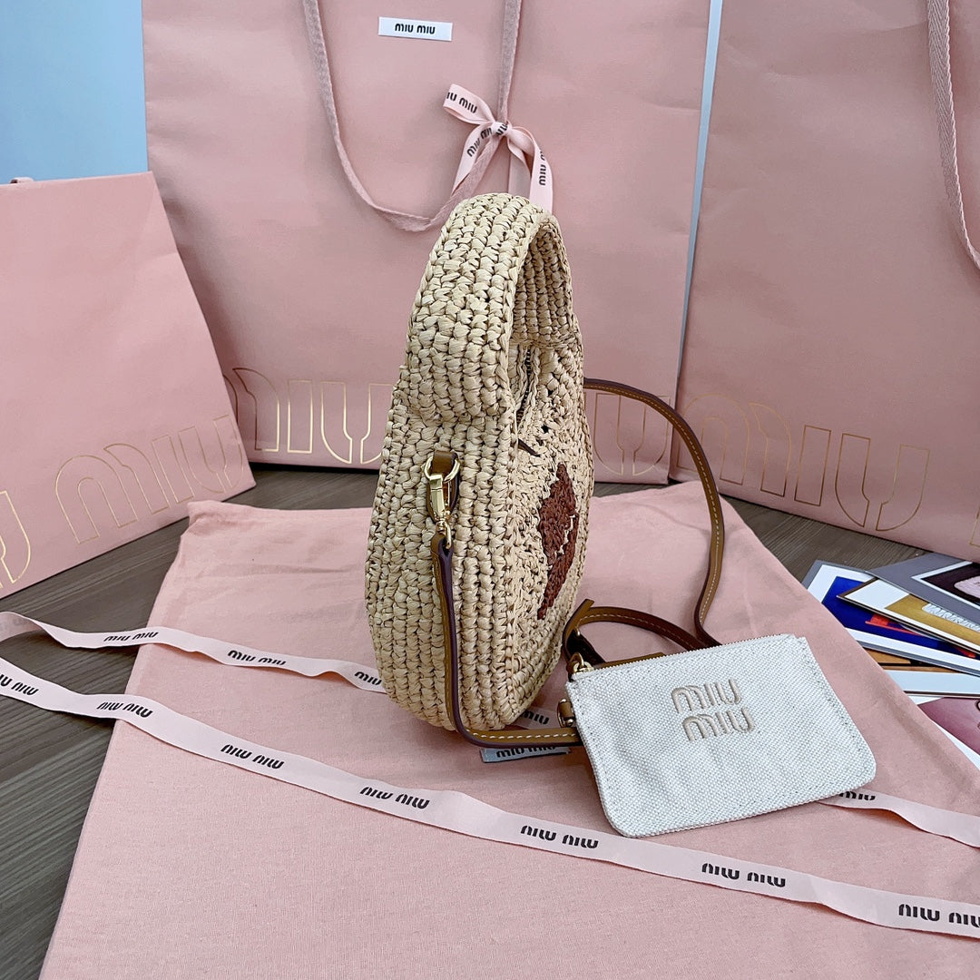 MIU MIU WANDER HOBO BAG 20 IN BEIGE MIX BROWN WOVEN RAFFIA