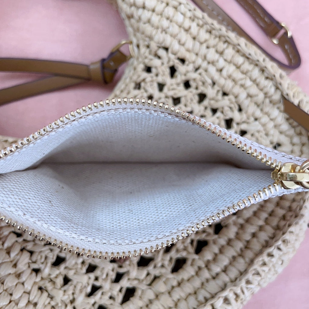 MIU MIU WANDER HOBO BAG 20 IN BEIGE MIX BROWN WOVEN RAFFIA