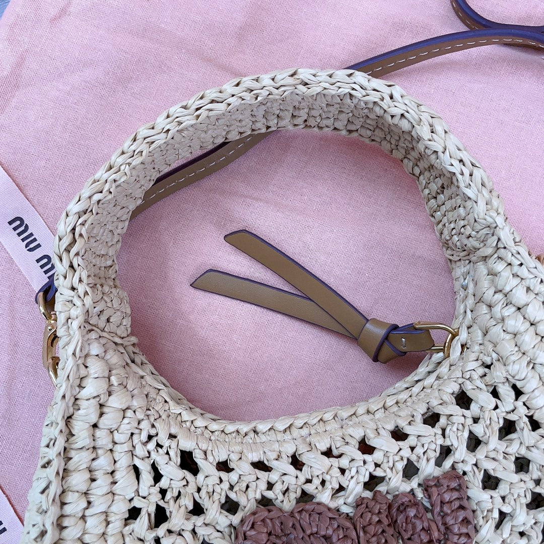 MIU MIU WANDER HOBO BAG 20 IN BEIGE MIX BROWN WOVEN RAFFIA