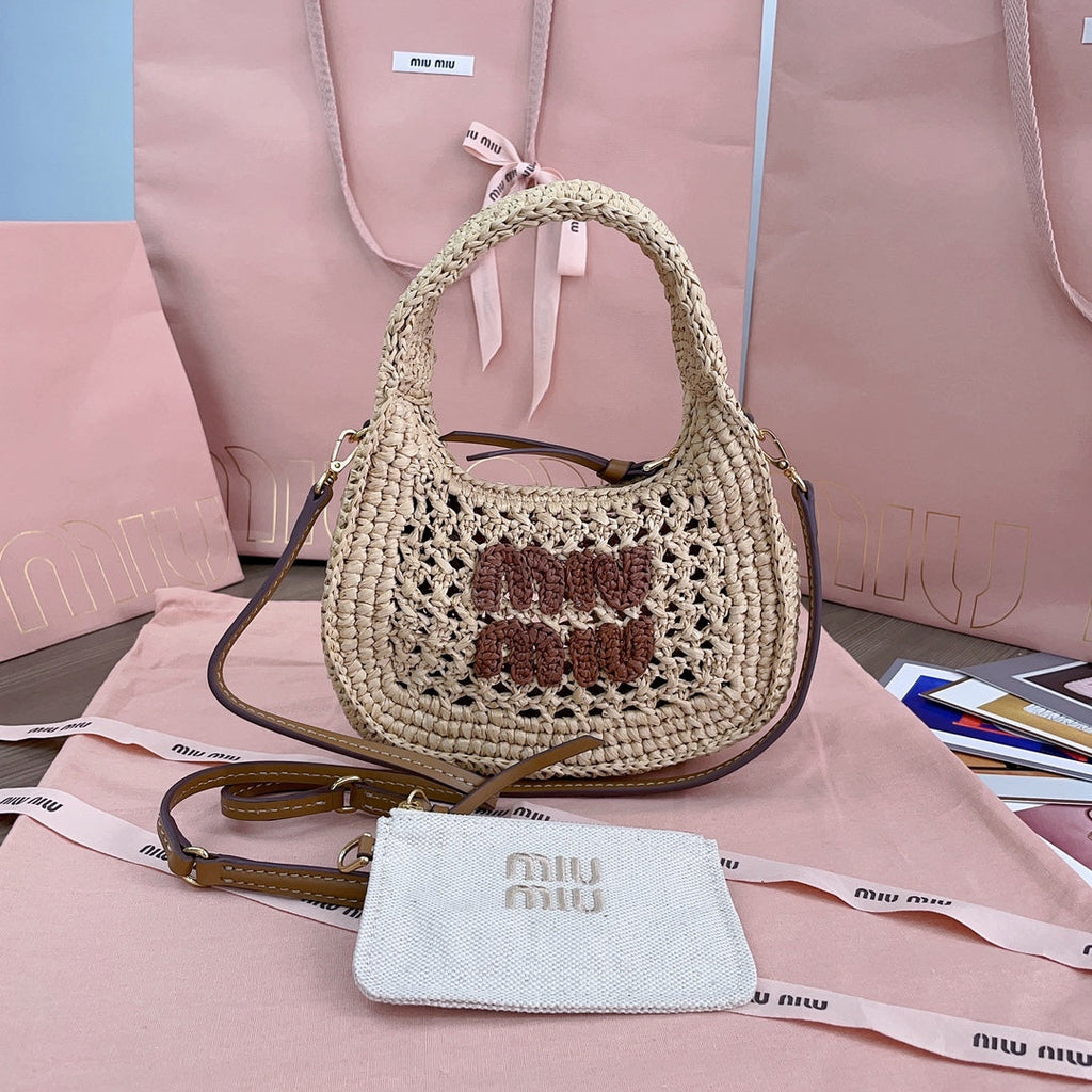MIU MIU WANDER HOBO BAG 20 IN BEIGE MIX BROWN WOVEN RAFFIA