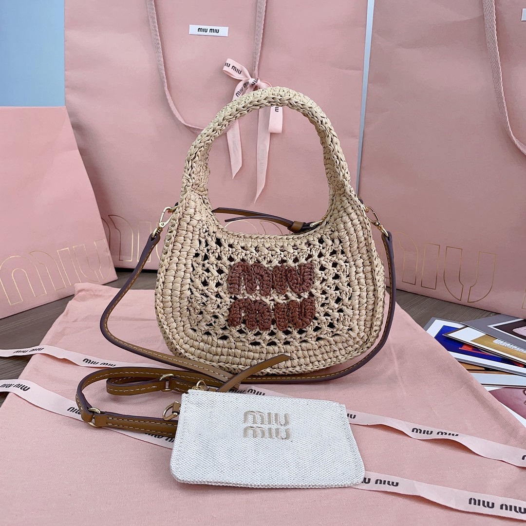 MIU MIU WANDER HOBO BAG 20 IN BEIGE MIX BROWN WOVEN RAFFIA