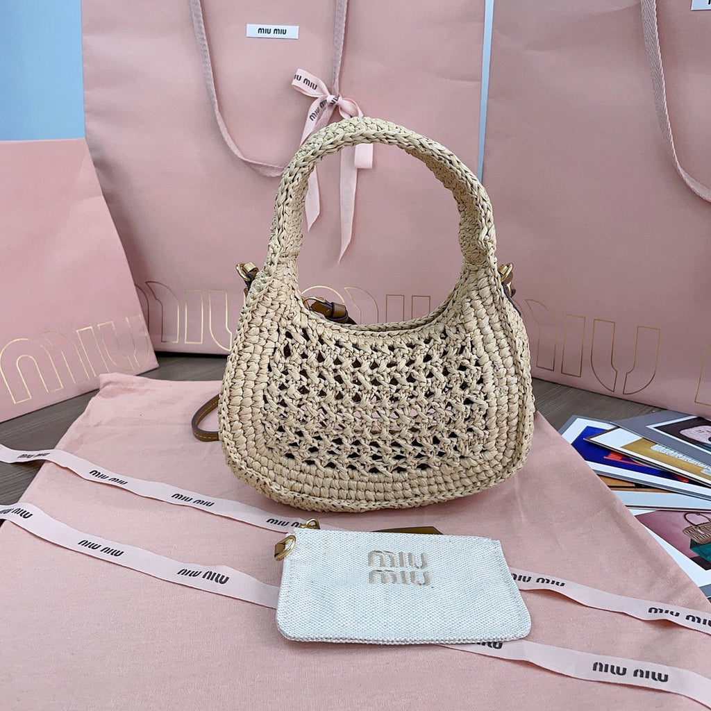 MIU MIU WANDER HOBO BAG 20 IN BEIGE MIX BROWN WOVEN RAFFIA