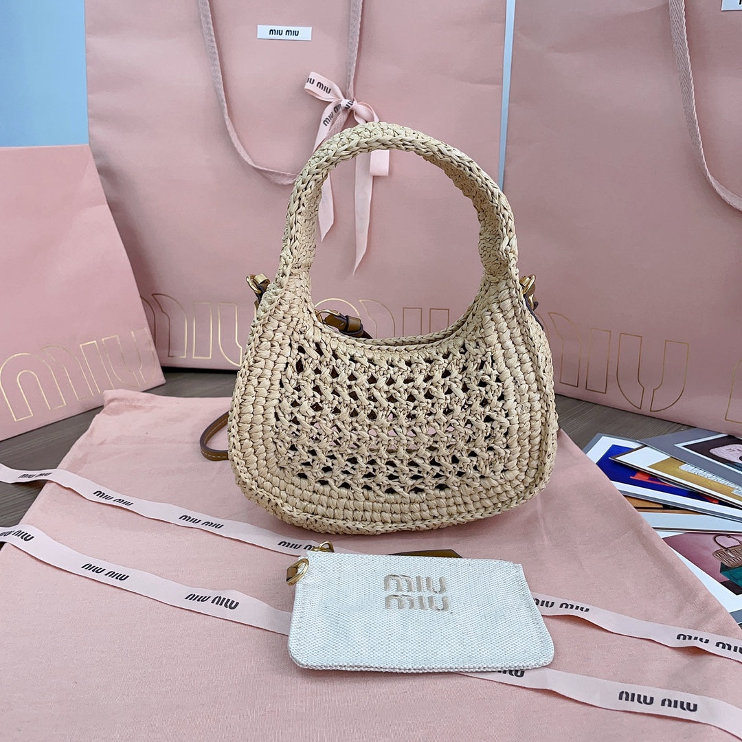 MIU MIU WANDER HOBO BAG 20 IN BEIGE MIX BROWN WOVEN RAFFIA