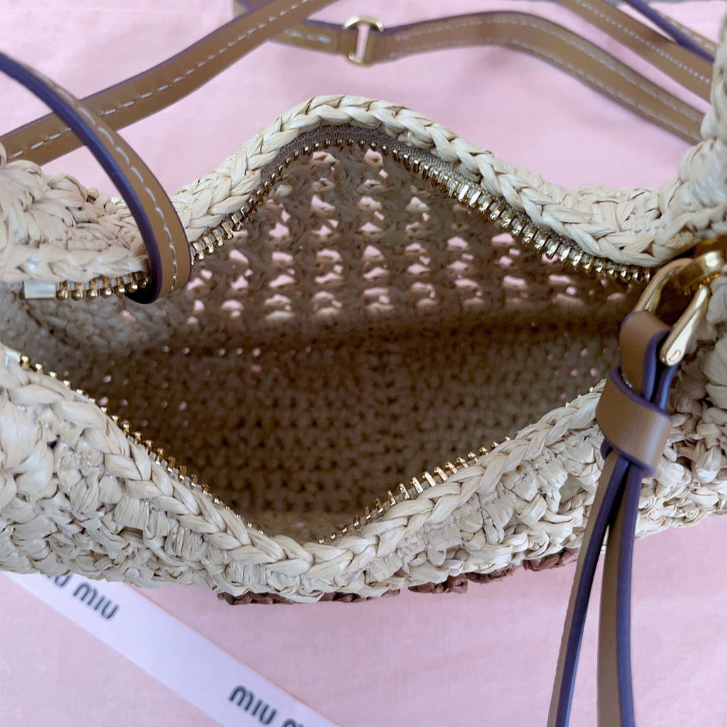 MIU MIU WANDER HOBO BAG 20 IN BEIGE MIX BROWN WOVEN RAFFIA