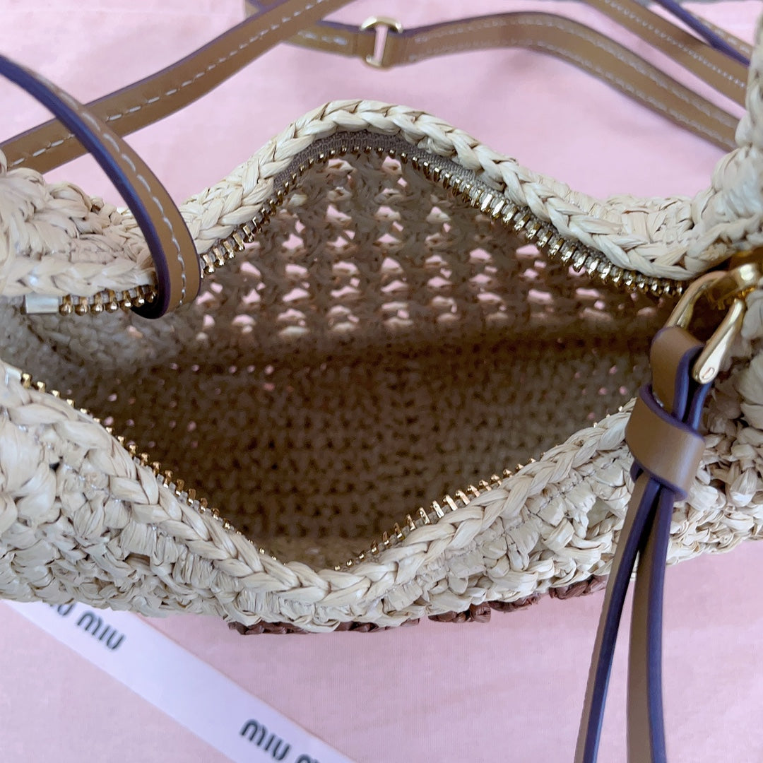 MIU MIU WANDER HOBO BAG 20 IN BEIGE MIX BROWN WOVEN RAFFIA