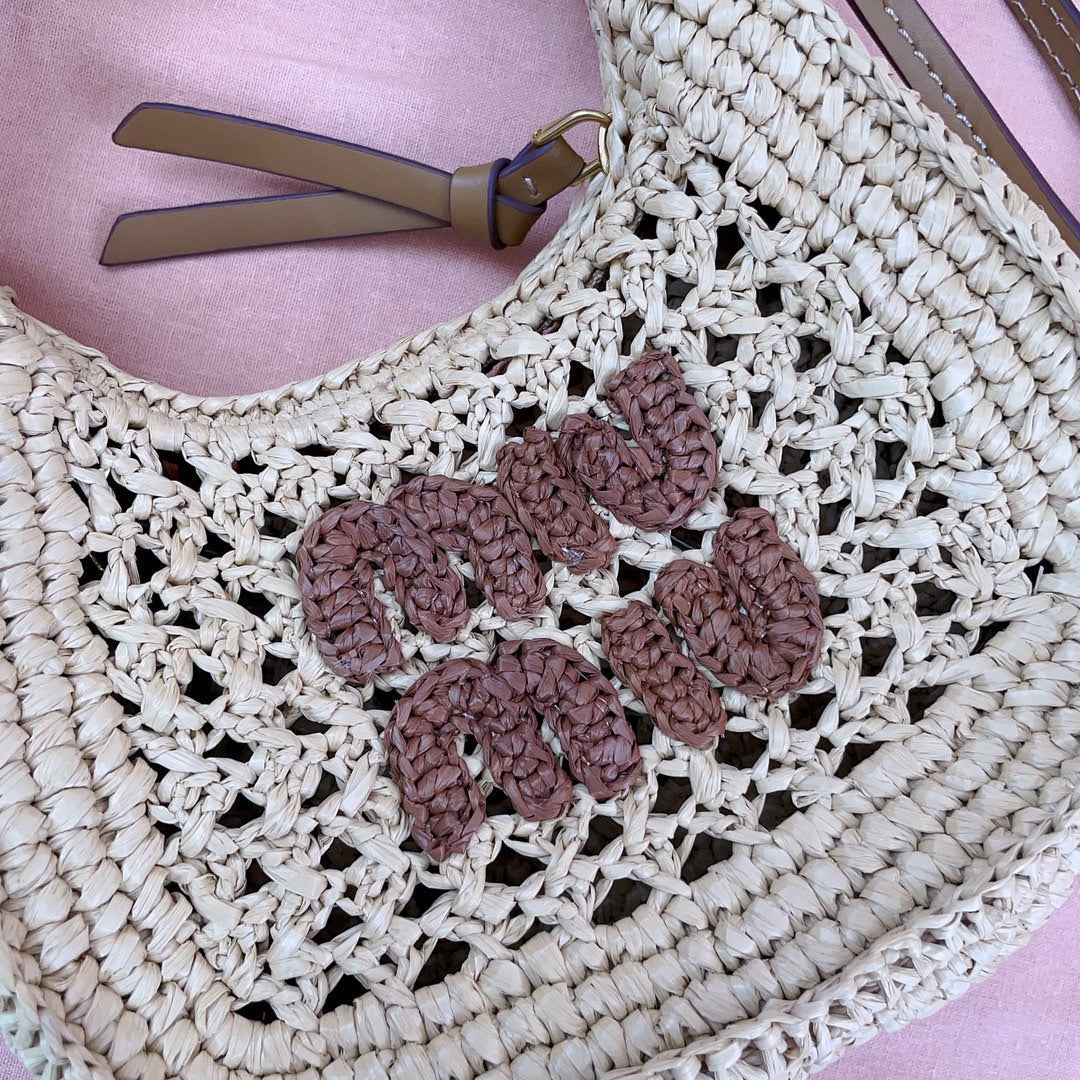 MIU MIU WANDER HOBO BAG 20 IN BEIGE MIX BROWN WOVEN RAFFIA