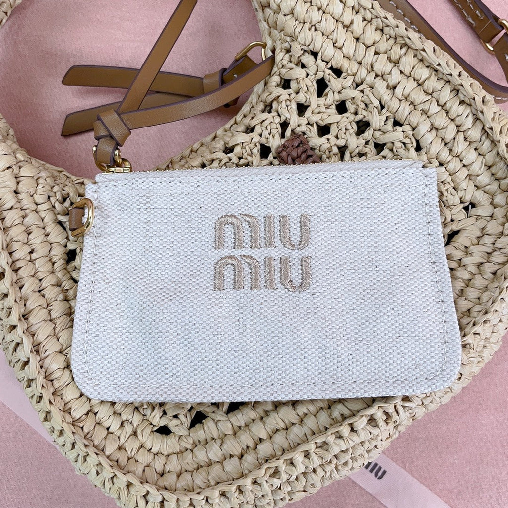 MIU MIU WANDER HOBO BAG 20 IN BEIGE MIX BROWN WOVEN RAFFIA