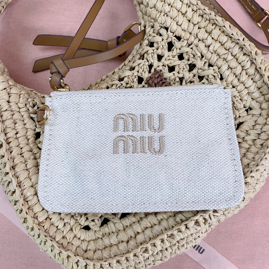 MIU MIU WANDER HOBO BAG 20 IN BEIGE MIX BROWN WOVEN RAFFIA