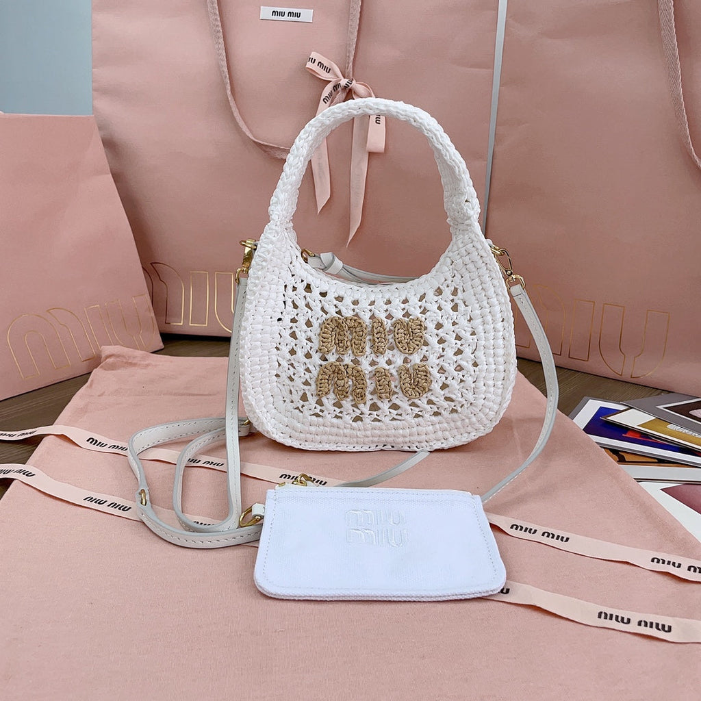 MIU MIU WANDER HOBO BAG 20 IN WHITE MIX BROWN WOVEN RAFFIA