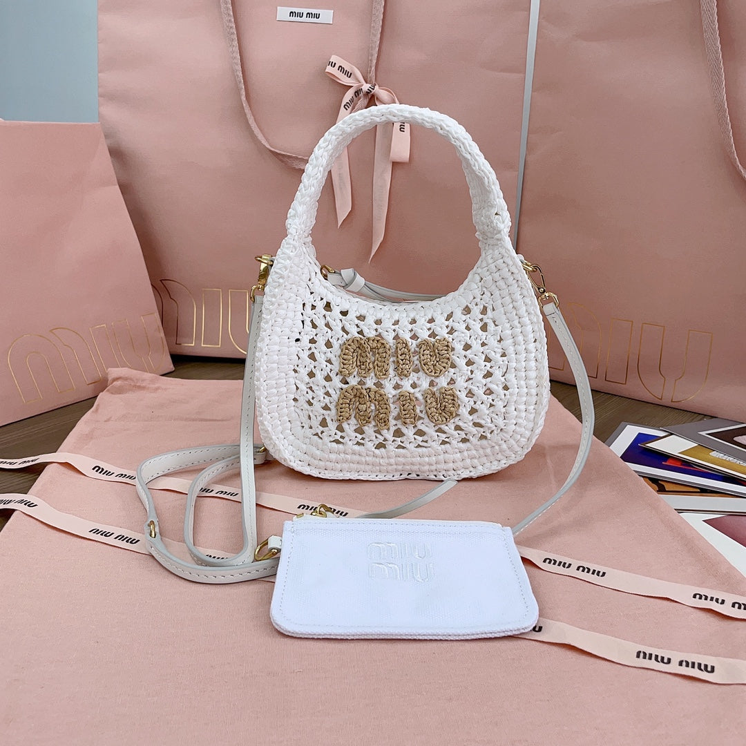 MIU MIU WANDER HOBO BAG 20 IN WHITE MIX BROWN WOVEN RAFFIA