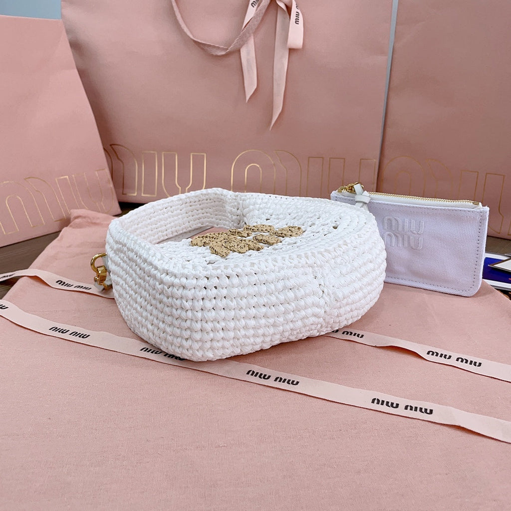 MIU MIU WANDER HOBO BAG 20 IN WHITE MIX BROWN WOVEN RAFFIA