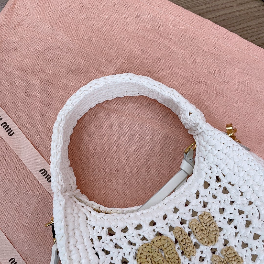 MIU MIU WANDER HOBO BAG 20 IN WHITE MIX BROWN WOVEN RAFFIA