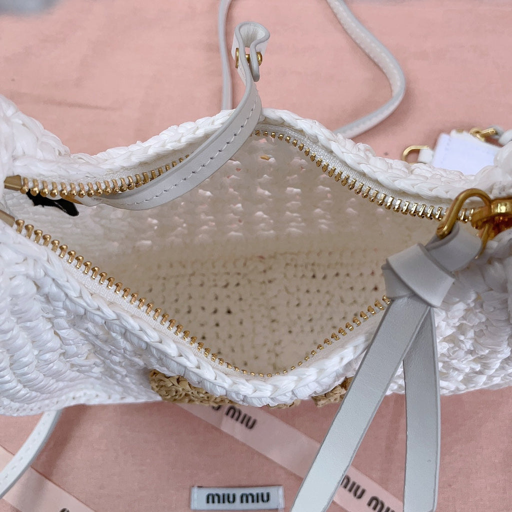 MIU MIU WANDER HOBO BAG 20 IN WHITE MIX BROWN WOVEN RAFFIA