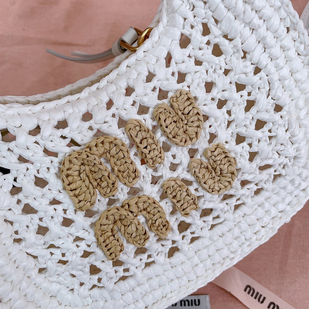 MIU MIU WANDER HOBO BAG 20 IN WHITE MIX BROWN WOVEN RAFFIA