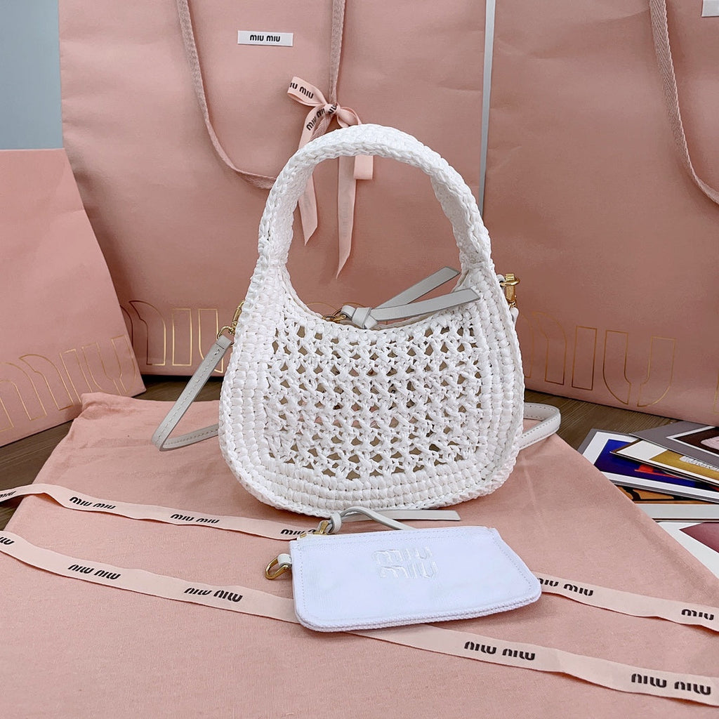 MIU MIU WANDER HOBO BAG 20 IN WHITE MIX BROWN WOVEN RAFFIA