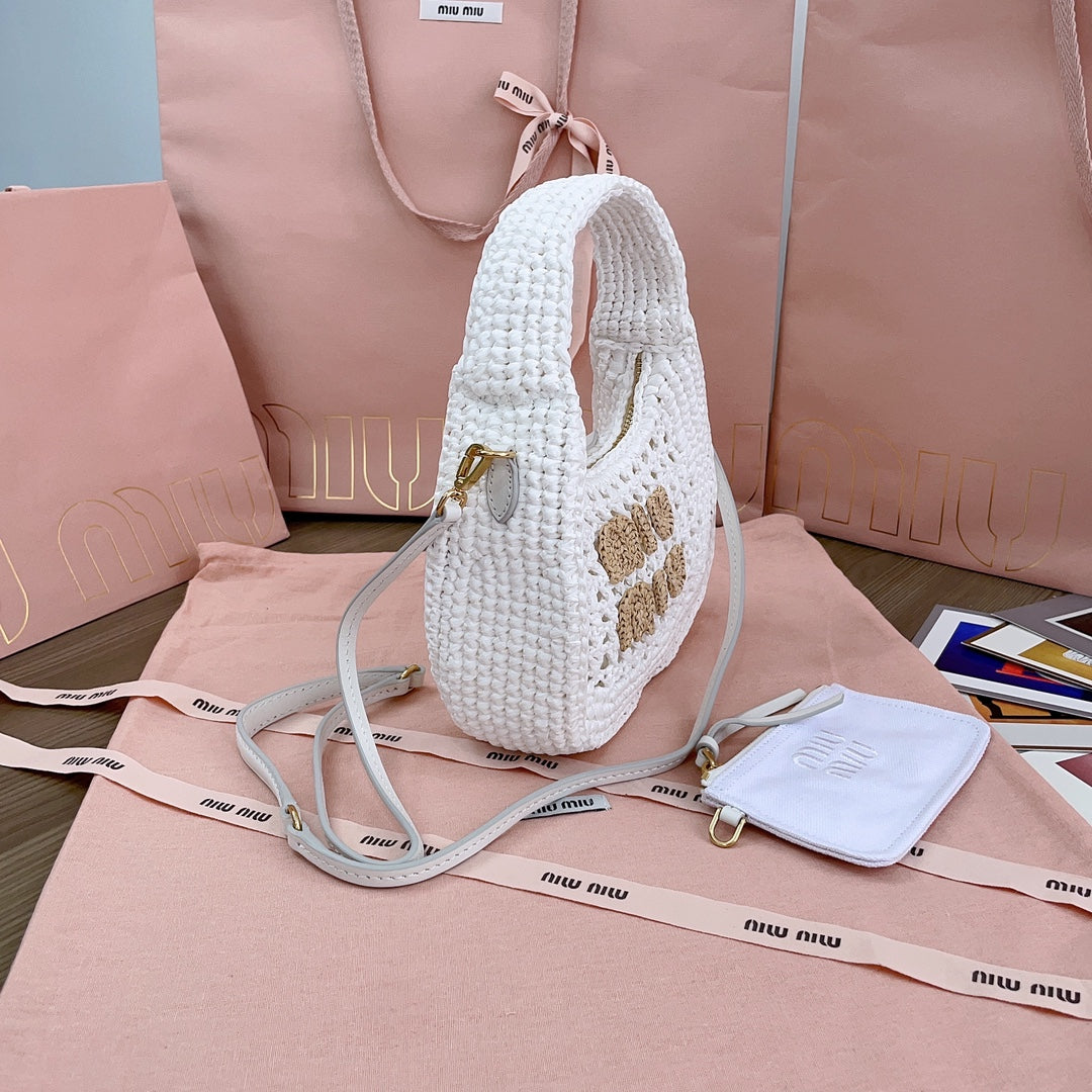 MIU MIU WANDER HOBO BAG 20 IN WHITE MIX BROWN WOVEN RAFFIA