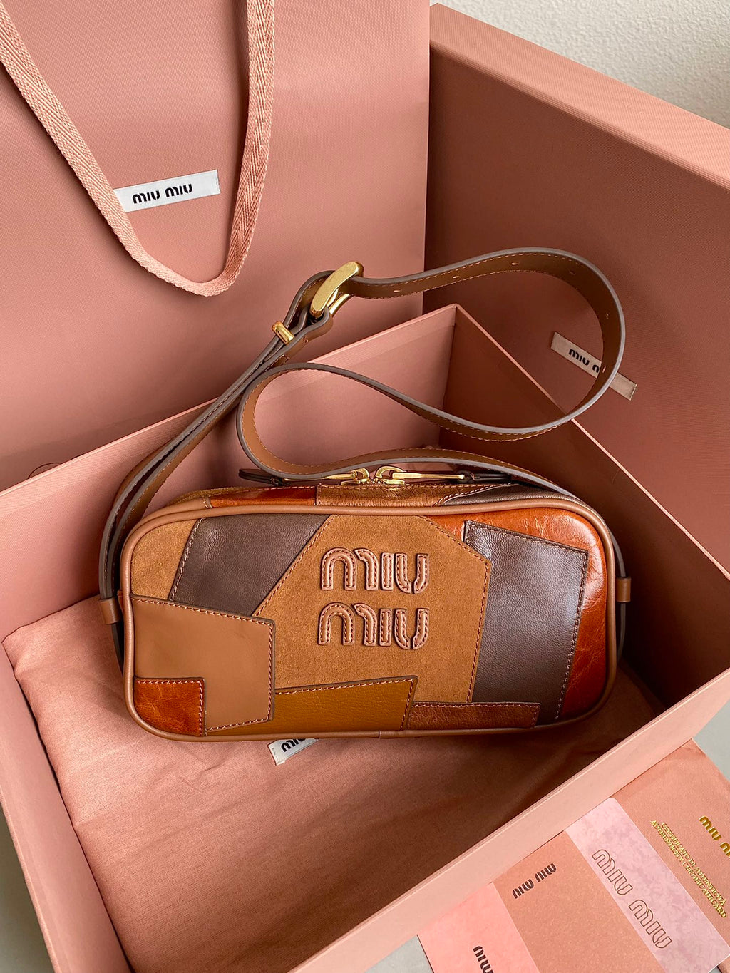 MIU MIU HOBO 24 BAG IN COGNAC LEATHER PATCHWORK