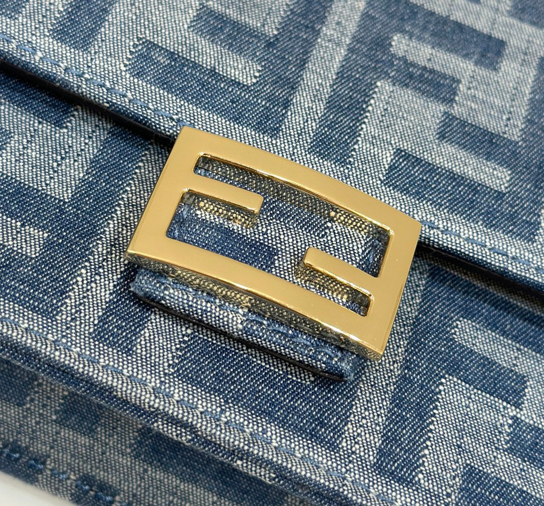 FENDI BAGUETTE MINI 21 BAG IN CERULEAN BLUE MONOGRAM DENIM WITH GOLD HARDWARE