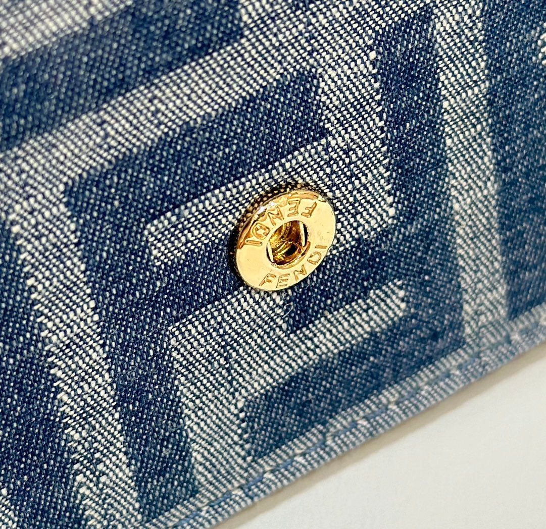 FENDI BAGUETTE MINI 21 BAG IN CERULEAN BLUE MONOGRAM DENIM WITH GOLD HARDWARE