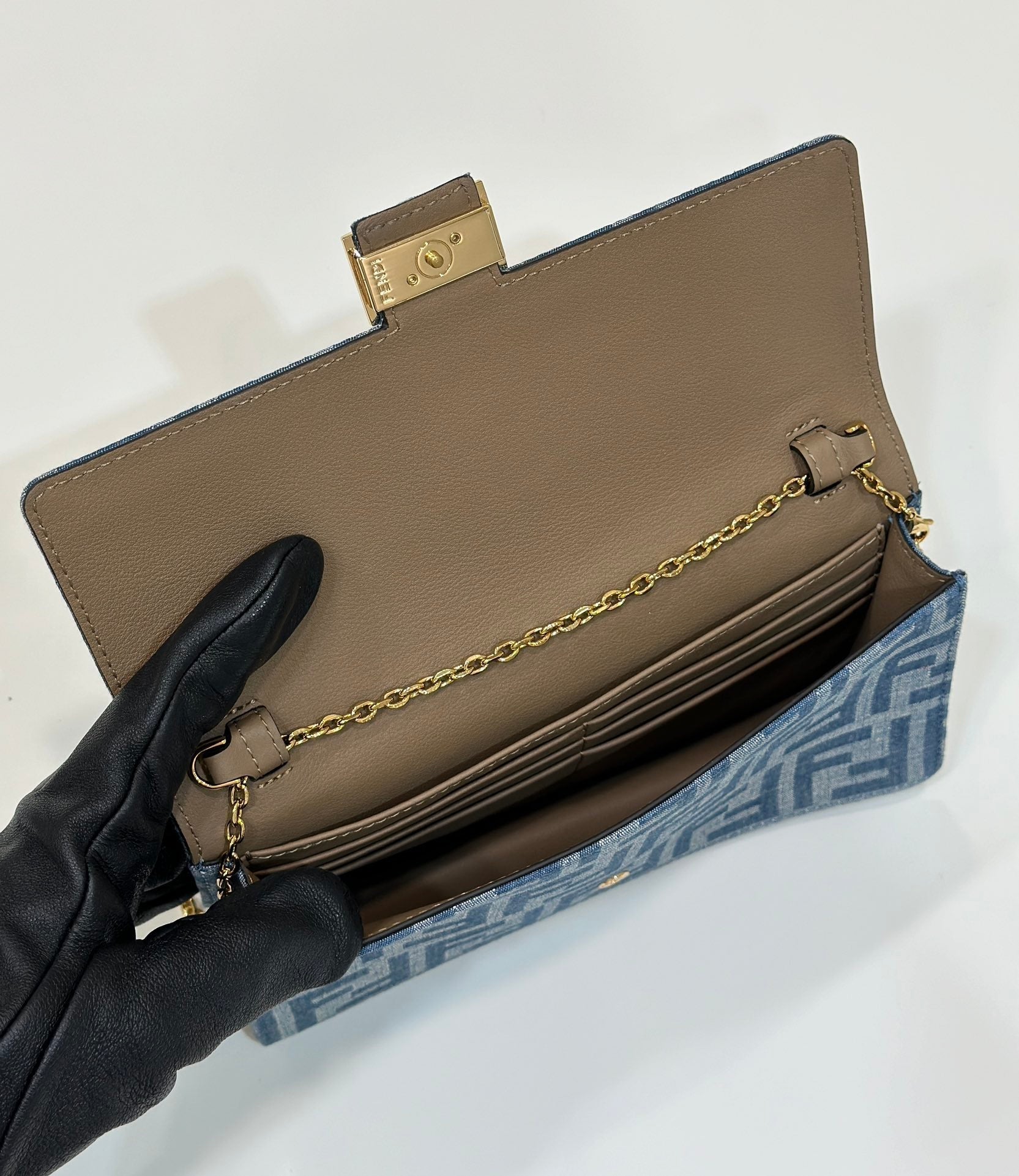 FENDI BAGUETTE MINI 21 BAG IN CERULEAN BLUE MONOGRAM DENIM WITH GOLD HARDWARE